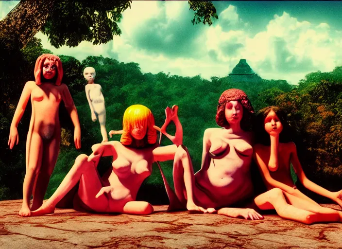 Image similar to photo of dadcore occult wizards and momcore witches on vacation at palenque, by richard corben by william eggleston by annie leibovitz, fujifilm velvia 5 0. masterpiece. intricate, hyper realism, high detail, octane render, unreal engine, 8 k, by katsuhiro otomo