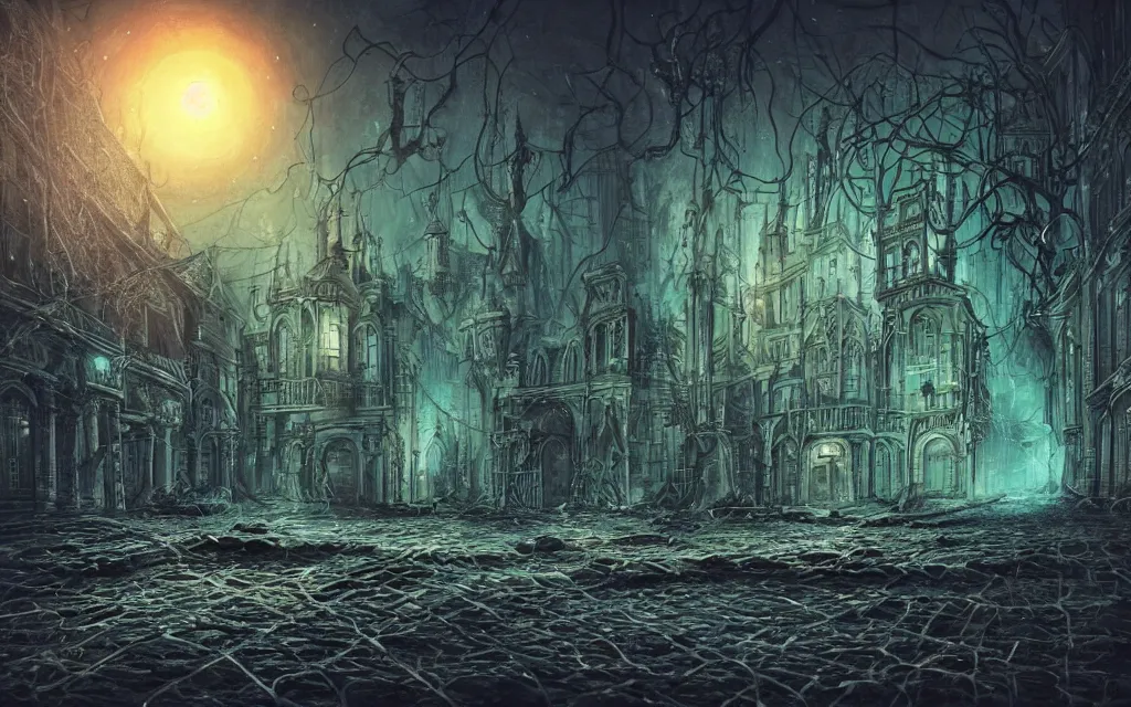 Prompt: An (18th century) (lovecraftian) gothic city at night with a star filled sky. (Greasy) blue luminescent cables are emerging from cracks on the ground. Highly detailed, digital art, smooth, sharp focus, illustration, octane render, vivid colors, concept art, low angle shot, super wide shot, ((fish eye)), 4k.