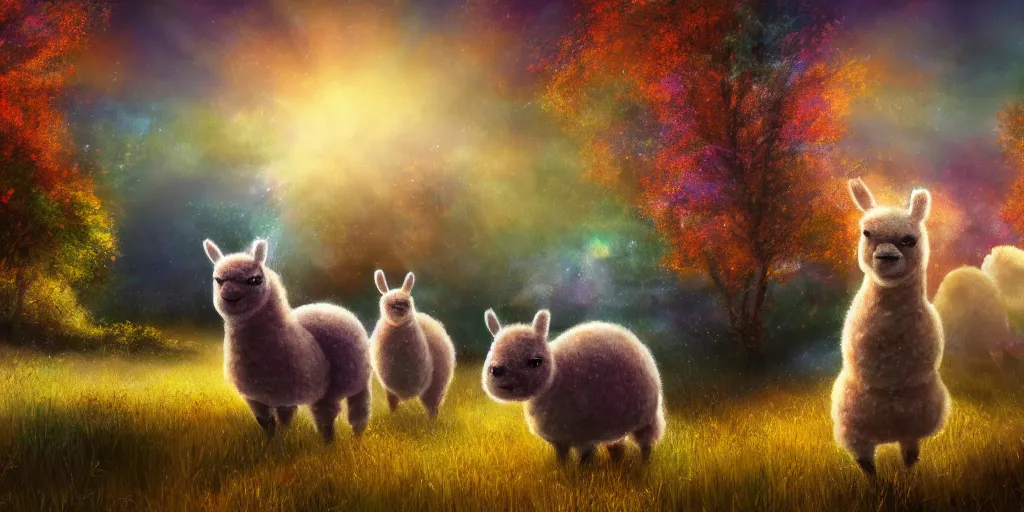 Image similar to magical fairy alpacas frolicking in a field, autumn, sparkles, light beams, digital art, oil painting, fantasy, 8 k, trending on artstation