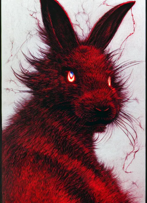 Prompt: a side view of chthonic neon fur demonic rabbit with red eyes and and black veins and white teeth and blood on arms, on background red lake on fire, highly detailed, art by Ayami Kojima, Beksinski, Giger