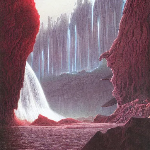 Prompt: Landscape with rivers and waterfalls of blood by Wayne Barlowe