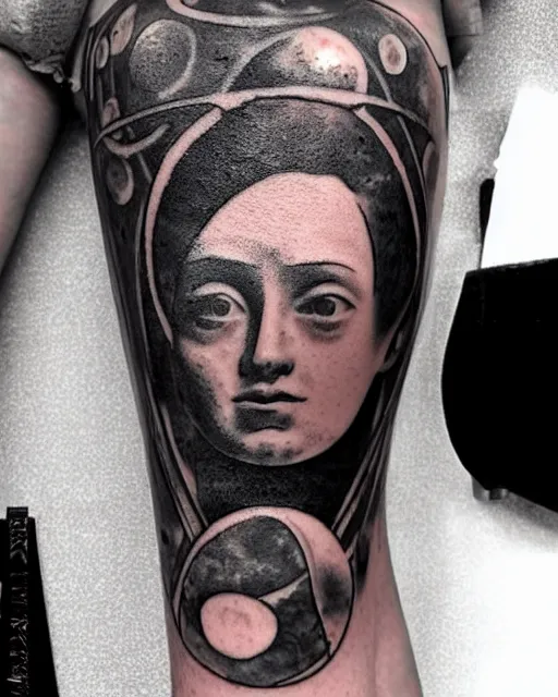 Prompt: planets on the top of a broken renaissance head statue, realism tattoo design, in the style of matt jordan