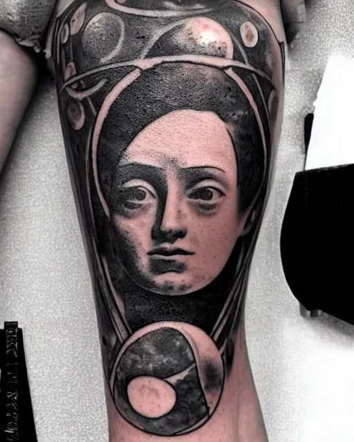 Image similar to planets on the top of a broken renaissance head statue, realism tattoo design, in the style of matt jordan