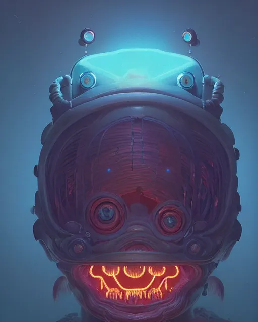 Image similar to portrait of a creepy bioluminescent monster, highly detailed, digital painting, cinematic, hyperrealism, dark retrowave, art by simon stalenhag and stanley lau and artgerm and magali villeneuve and alphonse mucha, artstation hd, octane render, cgsociety