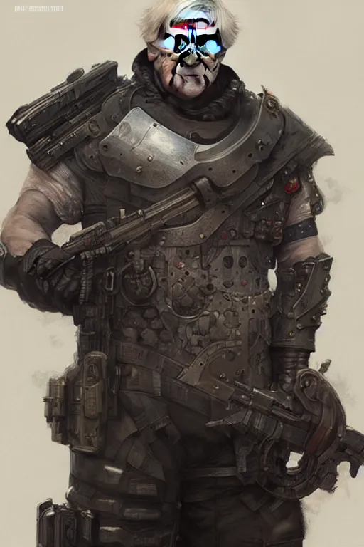 Image similar to Boris Johnson as Punisher, armor plate, realistic portrait, symmetrical, highly detailed, digital painting, artstation, concept art, smooth, sharp focus, illustration, cinematic lighting, art by artgerm and greg rutkowski and alphonse mucha