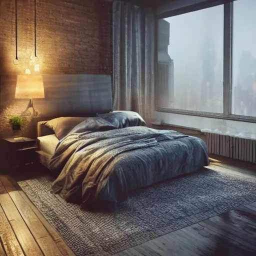 Image similar to cozy rustic bedroom with a night view of new york in heavy mist, highly detailed, artstation, concept art