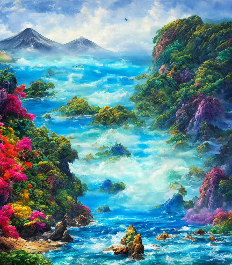 Prompt: a Breathtakingly enchanted landscape with Tropical islands in a colourful ocean and magnificent msystic volcanoes in the background, that are slightly obscured by magical mist in the style of Ken Hong Leung, artstudio, impasto oil painting, high fidelity, fine-grained, charcoal line art