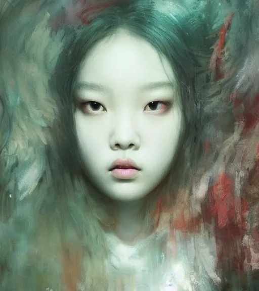 Prompt: a beautiful terrifying ghost portrait jennie blackpink black eyes twisted trees, floating cloth whirlpool, ethereal horror fantasy art by monet, ruan jia, by wlop,