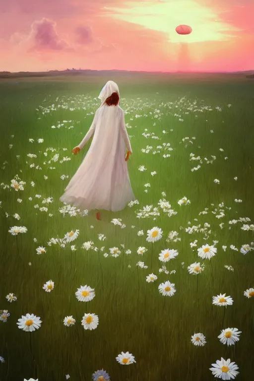 Image similar to giant white daisy flower face, girl with veil walking in a flower field, surreal photography, sunrise, dramatic light, impressionist painting, colorful clouds, digital painting, artstation, simon stalenhag