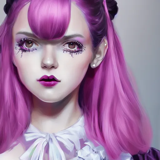 Prompt: a girl wearing lolita clothes, purple lipstick, pigtails, highly detailed, digital painting, artstation, concept art, smooth, sharp focus, illustration