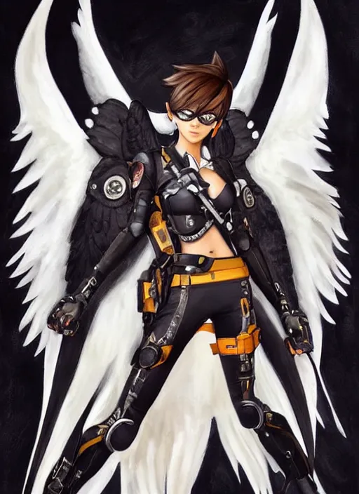 Image similar to full body artwork of tracer overwatch wearing leather collar, angel wings, dramatic painting, symmetrical composition, wearing detailed leather collar, black shiny armor, chains, black harness, detailed face and eyes,