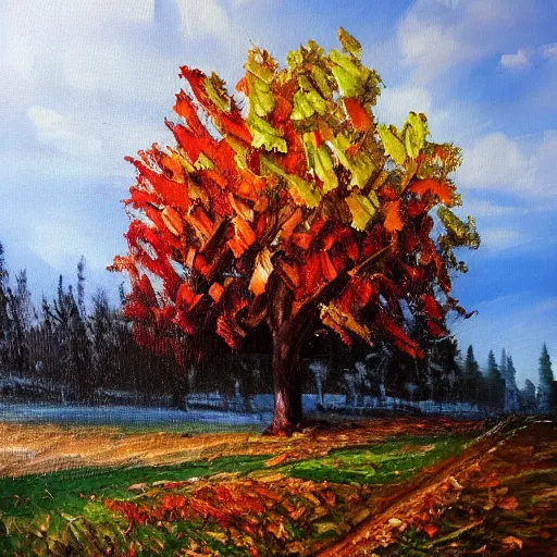 Prompt: painting depicting all four season in one single painting, tree in the summer, tree in the winter, tree in spring, tree in autumn, concept art, artstation, detailed, impressionism, oil on canvas, knife painting, messy,