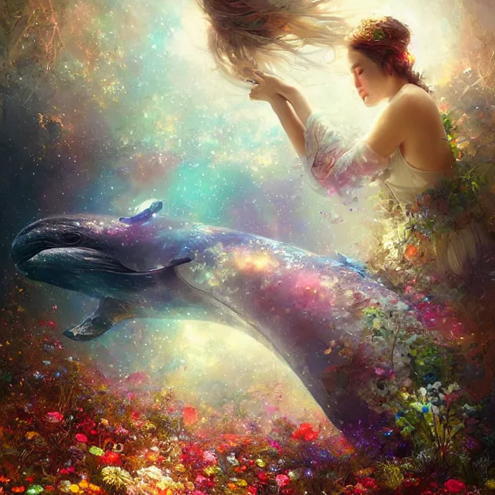 Prompt: enormous glimmering whale tale, flowing dress, flowers, cosmos, milky way galaxy, golden hour, god rays, coral reef, dreamscape by artgerm and ruan jia and ismail inceoglu and greg olsen, masterpiece, beautiful, intricate, elegant, highly detailed