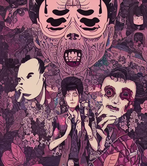 Prompt: portrait, nightmare anomalies, leaves with yakuza by miyazaki, violet and pink and white palette, illustration, kenneth blom, mental alchemy, james jean, pablo amaringo, naudline pierre, contemporary art, hyper detailed