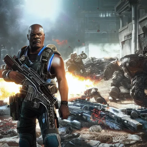 Prompt: Samuel L Jackson in Gears of War, splash art, movie still, cinematic lighting, dramatic, octane render, long lens, shallow depth of field, bokeh, anamorphic lens flare, 8k, hyper detailed, 35mm film grain