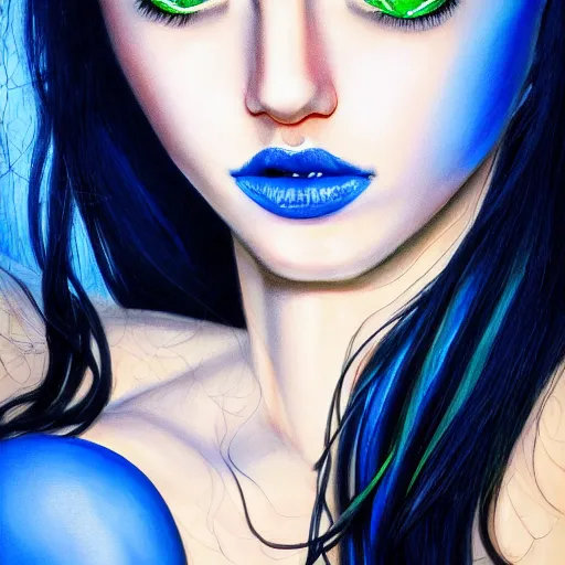 Image similar to photorealistic portrait of beautiful toxic girl, black hair, blue eyes, smooth face, glowing skin, detailed face, green colours, sharp focus