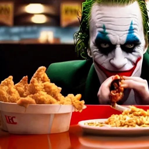 Image similar to cinematic shot of the joker sitting at a table and aggressively eating out of a bucket of chicken inside of a kfc restaurant, 8 k, very detailed, very intricate,