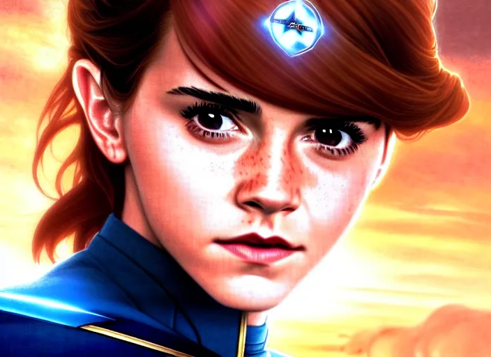 Image similar to a disney film still of emma watson as a star trek officer, finely detailed features, closeup of the face, perfect art, dusk, blue hour, gapmoe yandere grimdark, trending on pixiv fanbox, painted by greg rutkowski, makoto shinkai, takashi takeuchi, alphonse mucha, akihiko yoshida