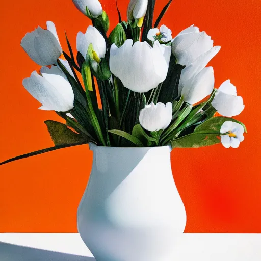 Prompt: a white ceramic vase, with colored flowers, complementary colors, studio photo, photorealism, symmetry.