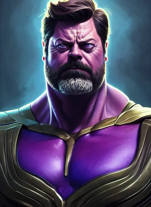 Image similar to portrait of nick offerman as thanos, muscular! fantasy, intricate, elegant, highly detailed, digital painting, artstation, concept art, smooth, sharp focus, illustration, art by artgerm and greg rutkowski and alphonse mucha