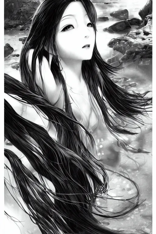 Image similar to a vertical portrait of a character in a scenic environment by Yoshitaka Amano, black and white, dreamy, dark eyes, wavy long black hair, highly detailed