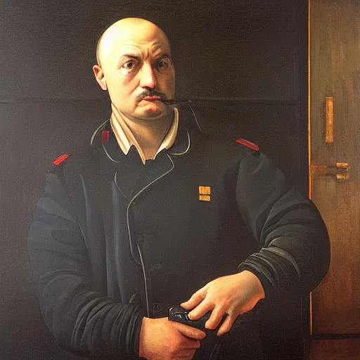 Image similar to “a detailed oil painting of a security guard in Pyatyorochka Russian grocery shop by Caravaggio”