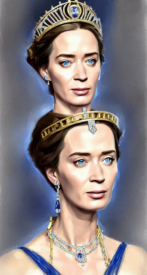 Image similar to portrait of emily blunt as queen, jewelry, greek, sapphire, victorian age, 1 8 9 0, intricate, headshot, key visual, conceptart, ambient lighting, highly detailed, digital painting, artstation, concept art, sharp focus, by makoto shinkai and akihiko yoshida and greg manchess