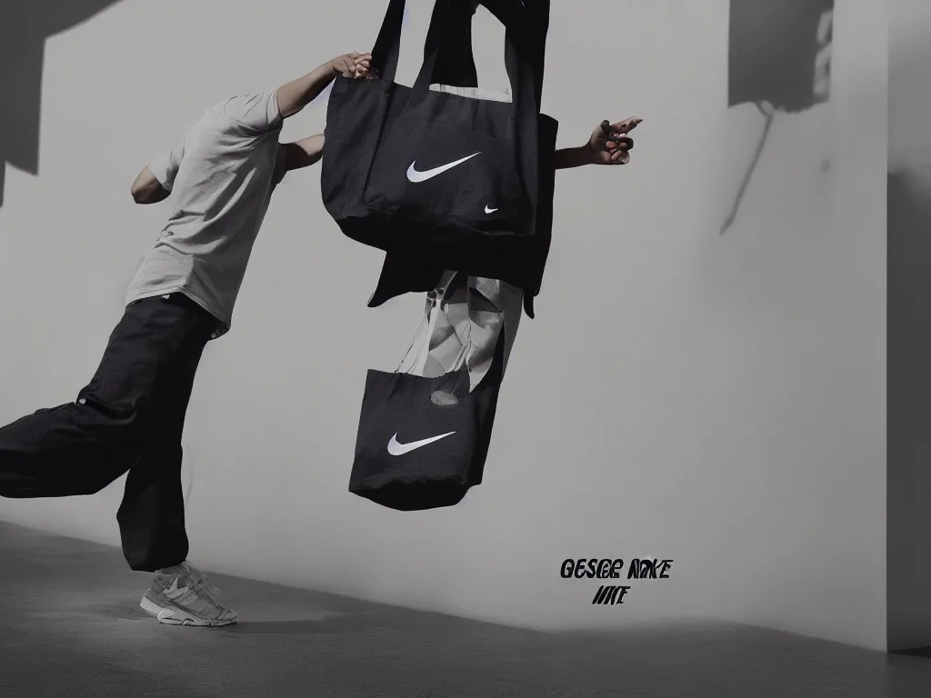 Prompt: digital banner Google Ad of a tote bag, text Nike