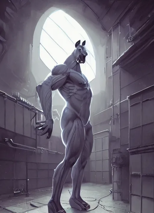 Prompt: splash art of an enormously muscular male anthro horse in a research facility wearing a skintight body armor, long white mane, 8 k, unreal engine, by greg rutkowski, loish, rhads, ferdinand knab, makoto shinkai and lois van baarle, ilya kuvshinov, rossdraws, tom bagshaw