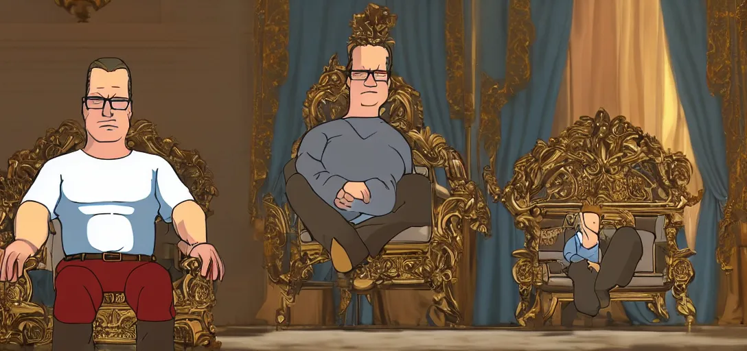 Image similar to hank hill sitting on a throne of propane, beautiful, ornate, 8 k, movie still