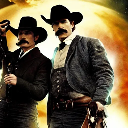 Prompt: wyatt earp and doc holliday being sucked into a black hole while riding horses, cinematic photo, interstellar, christopher nolan movie, max coherence, high detail, 8 k