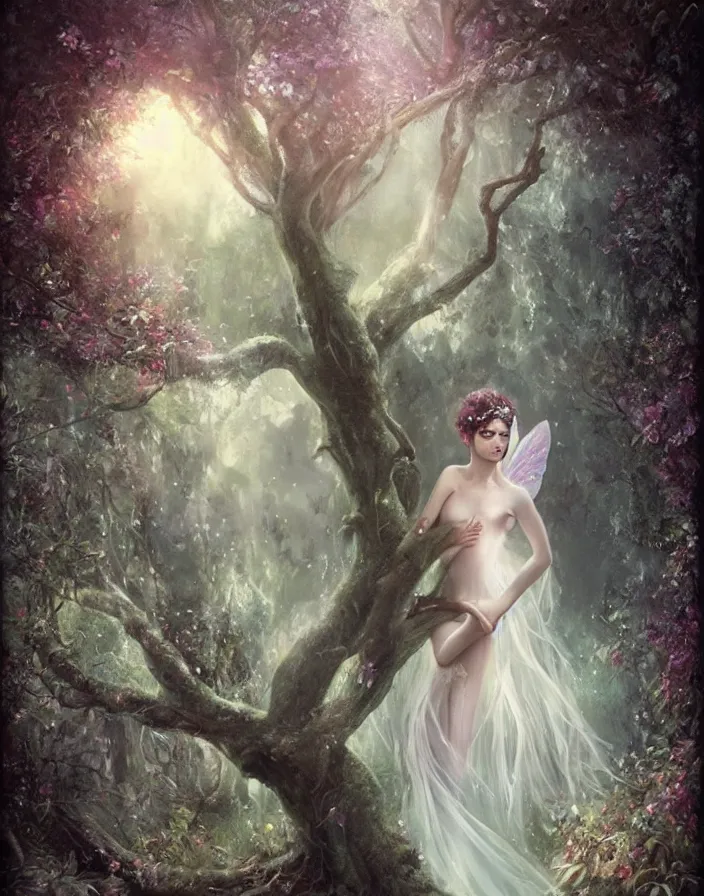 Prompt: beautiful, mystical fairy princess standing by a tree, by Tom Bagshaw