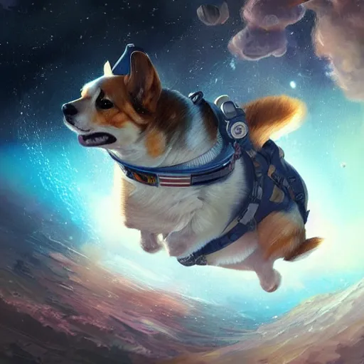 Prompt: highly detailed digital painting of a corgi cosmonaut in outer space, beautiful, cosmic, expansive, greg rutkowski, trending on artstation, d & d character art, anime, fantasy