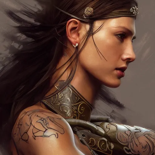 Image similar to tattoo design, a professional painting of a beautiful young female, partially clothed in battle armor, olive skin, long dark hair, beautiful bone structure, symmetrical facial features, intricate, elegant, digital painting, concept art, smooth, sharp focus, illustration, from Metal Gear, by Ruan Jia and Mandy Jurgens and Greg Rutkowski and Artgerm and William-Adolphe Bouguerea and artgerm, cat girl, anime