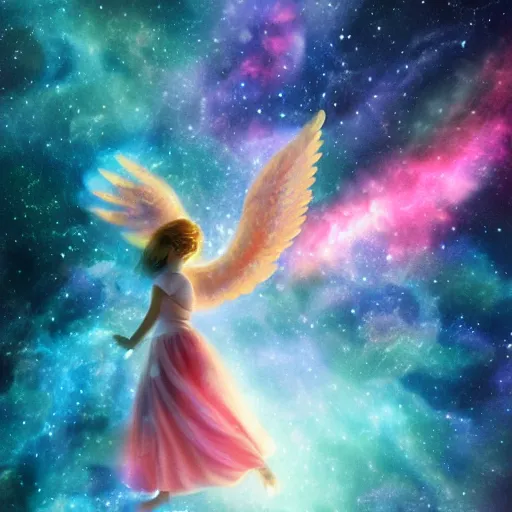 Prompt: an angelic being flying through a nebula