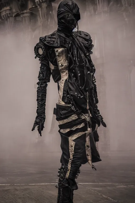 Prompt: avant garde techwear look and clothes, we can see them from feet to head, highly detailed and intricate, hypermaximalist, dystopian castle background, eerie fog, luxury, Rick Owens, Errolson Hugh, Yohji Yamamoto, Chrome Hearts, cinematic outfit photo