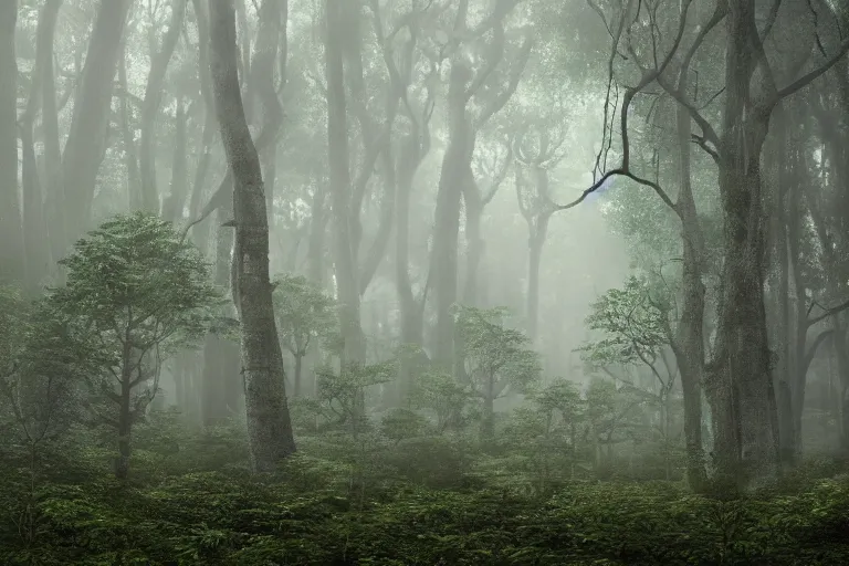 Image similar to a complex organic fractal 3 d ceramic humanoid megastructure in a lush forest, foggy, cinematic shot, photo still from movie by denis villeneuve