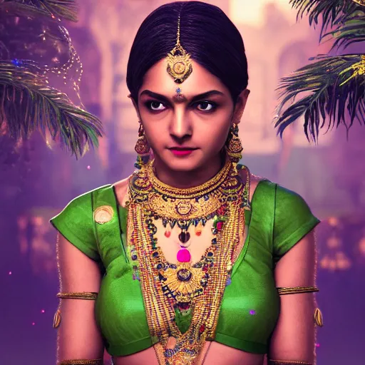 Image similar to photograph of wonderful princess with smooth fair skin, indian, green jewelry, breathtaking, elegant, ornate, intricate, hyper detailed, accent lighting, dramatic light, 4 k octane render