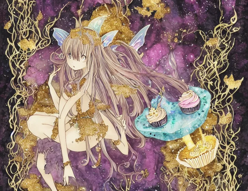 Prompt: faerie spirit of cupcakes in a crystal cave. this watercolor and gold leaf work by the award - winning mangaka has a beautiful composition and intricate details.