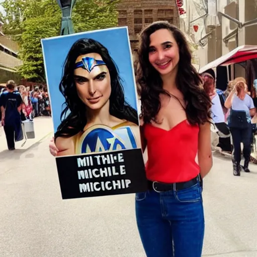 Image similar to Gal Gadot holding a sign that says M I T C H I E P O O !!!! as painted by Ralph Horsley