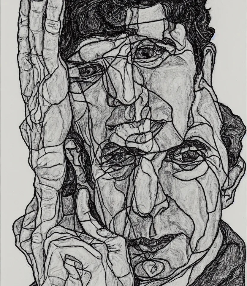 Image similar to line art portrait of leonard cohen inspired by egon schiele. contour lines, twirls and curves, musicality