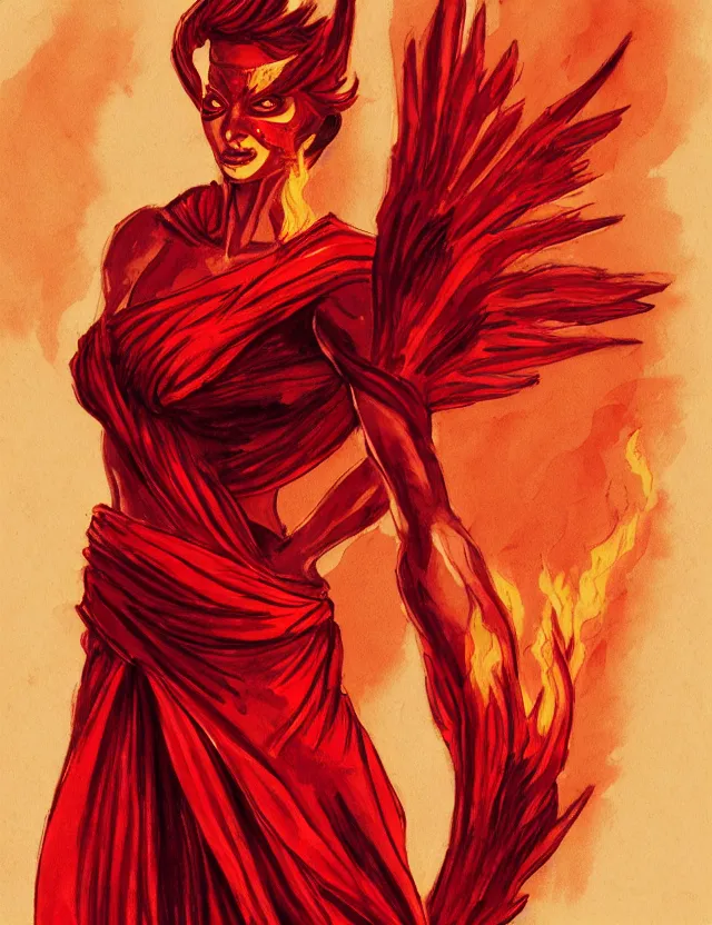 Prompt: half - human half - phoenix pyromancer in a red saree. gouache by award - winning concept artist, backlighting, chiaroscuro, intricate details