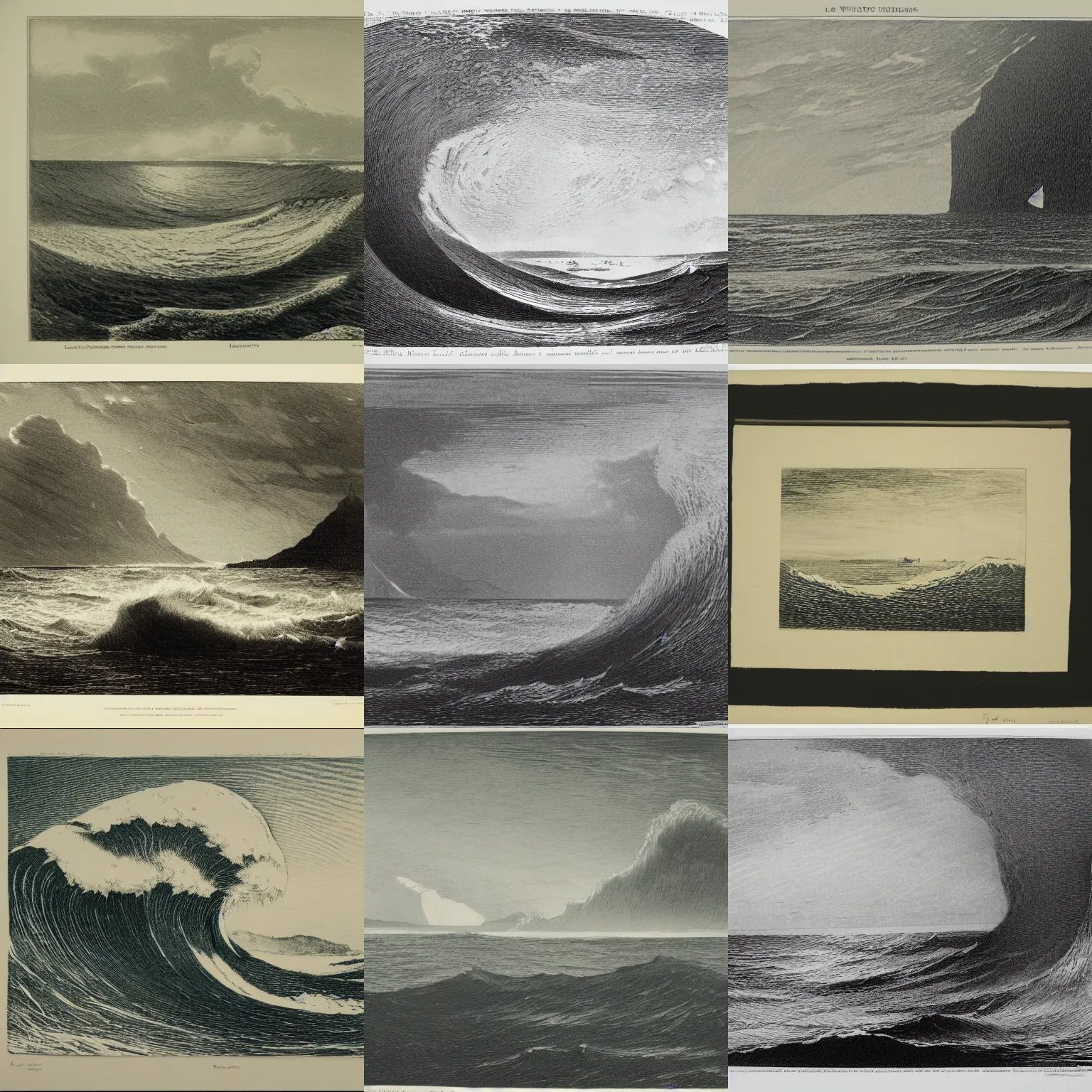 Prompt: waveless ocean, etching by louis le breton, 1 8 6 9, 1 2 0 0 dpi scan