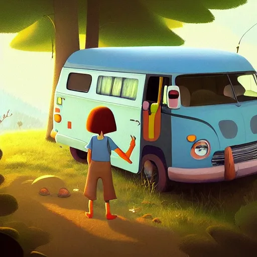 Prompt: goro fujita ilustration a hippie van traveling through the canada forest, painting by goro fujita, sharp focus, highly detailed, artstation