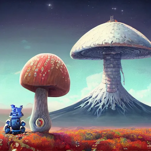 Image similar to On the morning of the robot queen's coronation, The Mekanik Doll, an elderly mushroom walking their pet snail, Mount Fuji seen from the International Space Station, the theme of Alice in Wonderland, digital painting, concept art, illustration, deep dark, artstation, intricate, beautiful and thematically complex, ue5, by deiv calviz and bossmonsterbani