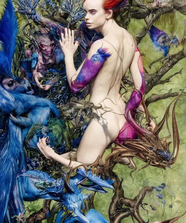 Prompt: a portrait photograph of a meditating fierce krysten ritter as a colorful harpy antilope super hero with blue skin with scales. she is being transformed into a tree. by donato giancola, hans holbein, walton ford, gaston bussiere, peter mohrbacher and brian froud. 8 k, cgsociety, fashion editorial