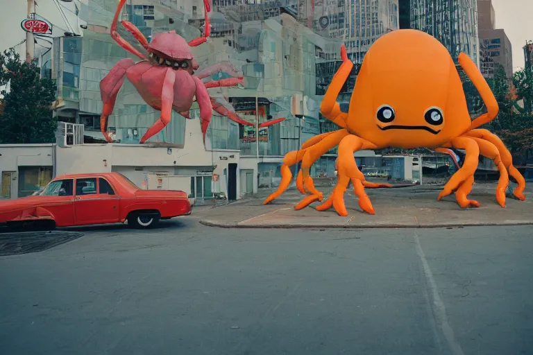 Image similar to 2 0 1 5 cute giant crab terrorizing a city, googie city, americana, fishcore, exterior photography, hd 8 k, photography cinestill