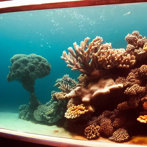 Prompt: underwater photography of a coral reef, silver metal wire sculpture