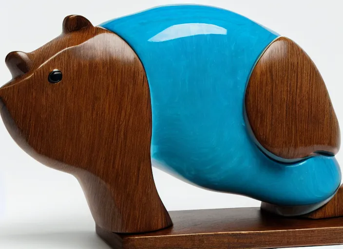 Prompt: a minimalist curvy shaped sculpture of hippopotamus! baby, bottom made half wood, top half blue translucid resin epoxy, cubic blocks stripes cuts, side view profile centered, studio, design, object