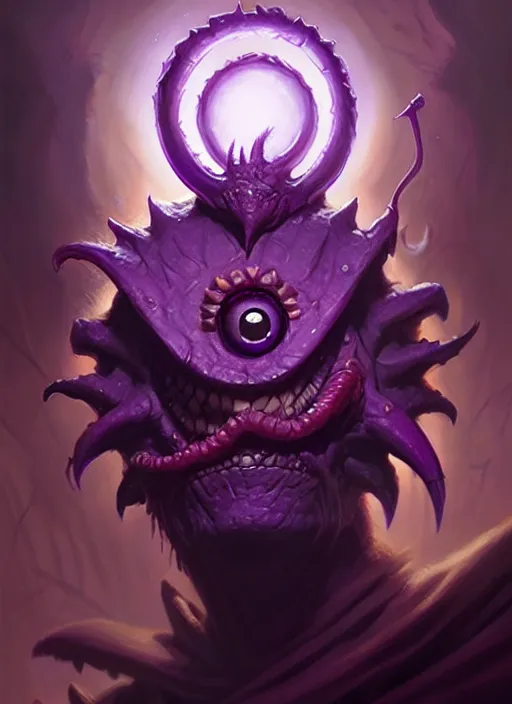 Image similar to purple one - eyed beholder dnd, fantasy oil _ painting _ unreal _ 5 _ daz. _ rpg _ extremely _ detailed _ artgerm _ greg rutkowski